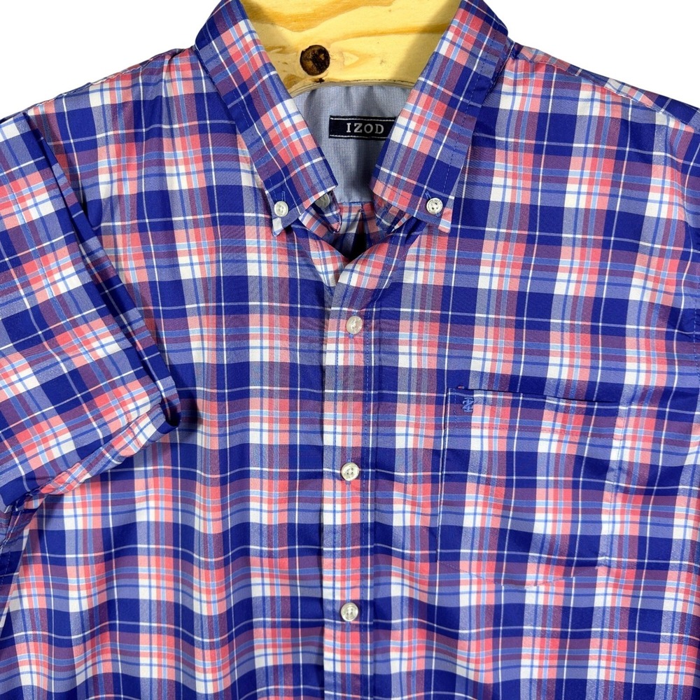 IZOD Button Down Shirt Men Large Blue Pink Plaid Short Sleeve Stretch Pocket